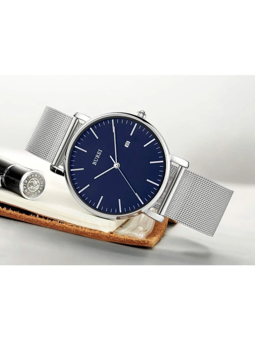 Men's Silver Blue Classic Mesh Strap Minimalist Analog Quartz Waterproof Watch